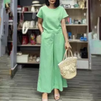 Женский комплект из 2 шт., однотонный свободный комплект с эластичной резинкой на талии и короткими рукавами в стиле Юго-Восточной Азии, женский уличный комплект с топом и брюками M светло-коричневого