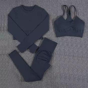 Женский комплект из 3 предметов для йоги, бесшовный укороченный топ с длинными рукавами, комплект бюстгальтеров для фитнеса, узкие эластичные леггинсы пуш-ап, комплект для йоги S чёрный
