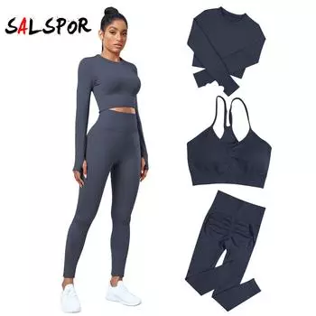 Женский комплект из 3 предметов для йоги, бесшовный укороченный топ с длинными рукавами, комплект бюстгальтеров для фитнеса, узкие эластичные леггинсы пуш-ап, комплект для йоги