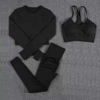 Женский комплект из 3 предметов для йоги, бесшовный укороченный топ с длинными рукавами, комплект бюстгальтеров для фитнеса, узкие эластичные леггинсы пуш-ап, комплект для йоги S синий