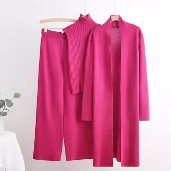 Женский комплект из 3 предметов на весну и осень, жилет с длинным рукавом, на молнии, вязаный кардиган, эластичный пояс, широкие брюки, женский спортивный костюм, трикотажный костюм one size хаки