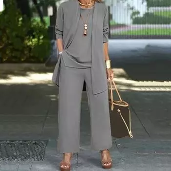 Женский комплект из 3 предметов: пальто, жилет, брюки, длинный рукав, кардиган с круглым вырезом, жилет без рукавов, эластичный пояс, широкие брюки, повседневный свободный брючный костюм, повседневная одежда на осень L синий