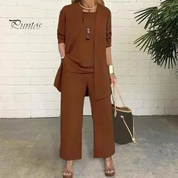 Женский комплект из 3 предметов: пальто, жилет, брюки, длинный рукав, кардиган с круглым вырезом, жилет без рукавов, эластичный пояс, широкие брюки, повседневный свободный брючный костюм, осень-весна XXL оранжевый