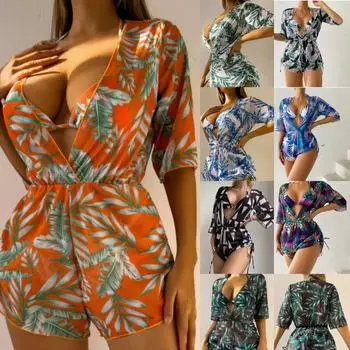 Женский комплект из 3 предметов солнцезащитного бикини, купальник с открытой спиной, сексуальный комплект купальников, топ с лямкой на шее, однотонные трусы и купальный костюм с длинными рукавами на шнурке S