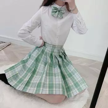 Женский комплект из 3 предметов в стиле аниме, зеленые плиссированные юбки, летняя рубашка JK, топы с длинными рукавами и мини-юбка в клетку, костюм XS зелёный