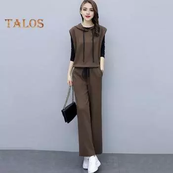 Женский комплект из 3 предметов: жилет, топ и брюки, капюшон, завязка на завязку, без рукавов, толстовка с длинным рукавом, топ с круглым вырезом, эластичный пояс, широкие брюки, повседневный комплект для ежедневных поездок на работу M кофейный