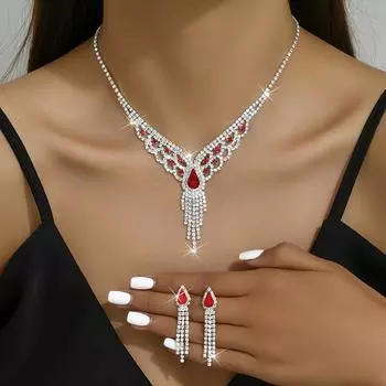 Женский комплект из 3 серег и ожерелья, элегантный комплект ювелирных изделий с серебряным покрытием, инкрустированный стразами синего или красного цвета, идеальный праздничный подарок для женщин