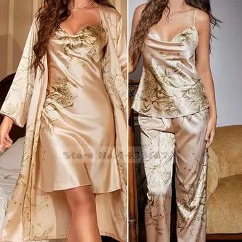 Женский комплект из 4 предметов пижамы и брюк с принтом «Сакура», кимоно, халат, пижама, свободная атласная домашняя одежда, пижама S