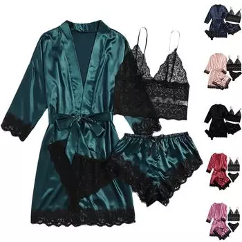 Женский комплект из 4 предметов, сексуальное нижнее белье с подвязками, халаты, кружевное боди, нижнее белье с глубоким V-образным вырезом XXXL