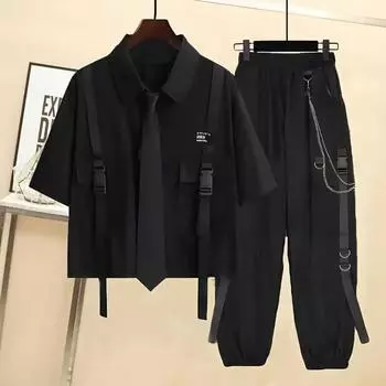 Женский комплект из брюк-карго на лето, рубашка с короткими рукавами и поясом в темном готическом стиле + черные брюки-джоггеры с цепочкой, комплект из двух предметов XS белый