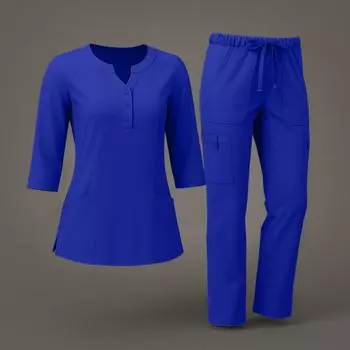 Женский комплект из быстросохнущей ткани однотонный с V-образным вырезом, карманом и рукавом три четверти, брюки, рабочая одежда XL синий
