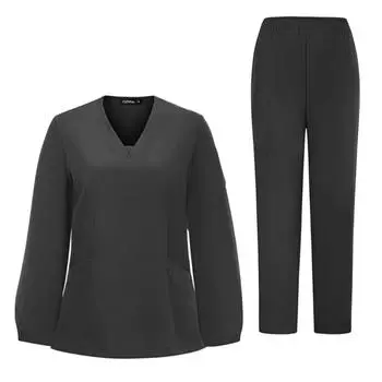 Женский комплект из быстросохнущей ткани, однотонный, с V-образным вырезом, карманом, длинным рукавом и брюками, рабочая одежда M чёрный