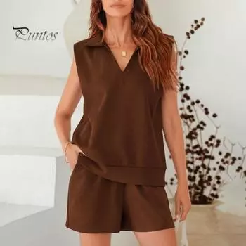 Женский комплект из двух частей, безрукавка, майка с V-образным вырезом и шорты на эластичной талии, спортивный костюм, летняя повседневная одежда для дома, спортивный костюм S верблюд