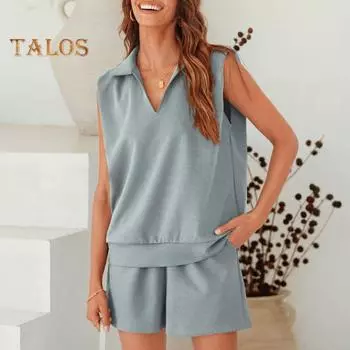 Женский комплект из двух частей, безрукавка, майка с V-образным вырезом и шорты на эластичной талии, спортивный костюм, летняя повседневная одежда для дома, спортивный костюм S зелёный/синий