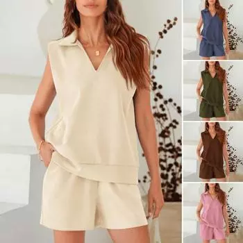 Женский комплект из двух частей, безрукавка, майка с V-образным вырезом и шорты на эластичной талии, спортивный костюм, летняя повседневная одежда для дома, спортивный костюм S верблюд