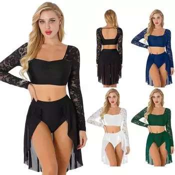 Женский комплект из двух частей для лирического танца, укороченный топ с длинными рукавами и цветочным кружевом, с плиссированной юбкой и трусиками для выступлений S чёрный