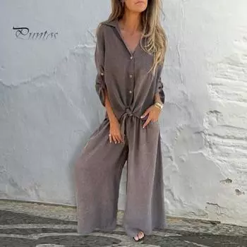 Женский комплект из двух частей из хлопка и льна, топ с длинными рукавами и лацканами на пуговицах, подходящие к нему широкие брюки, повседневный комплект домашней одежды L фиолетовый