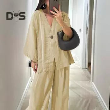 Женский комплект из двух частей из хлопка и льна, топ с длинным рукавом и V-образным вырезом на пуговицах, широкие брюки, повседневная домашняя одежда XL светло-серый