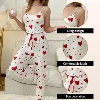 Женский комплект из двух частей из ледяного шелка в рубчик, сексуальный жилет с принтом и бантом, длинные брюки, повседневный домашний женский комплект одежды для сна XS