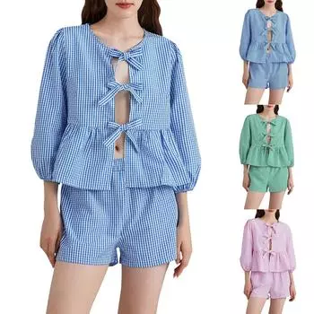 Женский комплект из двух частей: клетчатый кружевной кардиган с круглым вырезом, рукавами четверть, рубашка и шорты L синий