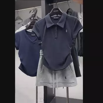 Женский комплект из двух частей: Контрастная рубашка поло с вышивкой пони и повседневная юбка на резинке L (100-115 lbs)