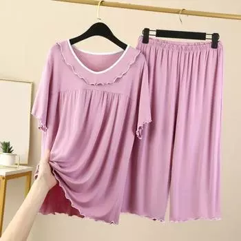 Женский комплект из двух частей пижамы с круглым вырезом и короткими рукавами, подходящие к нему широкие брюки, комплект одежды для сна, летняя повседневная домашняя одежда XXL розовый
