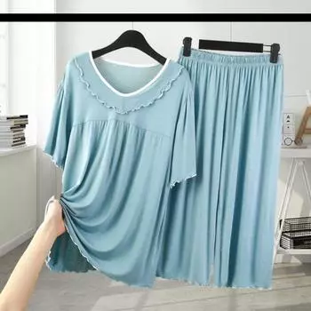 Женский комплект из двух частей пижамы с круглым вырезом и короткими рукавами, подходящие к нему широкие брюки, комплект одежды для сна, летняя повседневная домашняя одежда XXL розовый