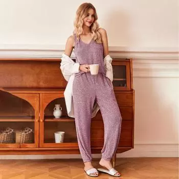 Женский комплект из двух частей пижамы вафельный трикотаж хлопковый домашний костюм без рукавов майка длинные брюки повседневная летняя домашняя одежда S чёрный