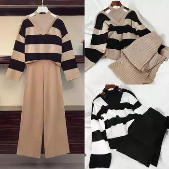 Женский комплект из двух частей с поддельным воротником, трикотажный свитер с высокой талией и широкими брюками One Size чёрный