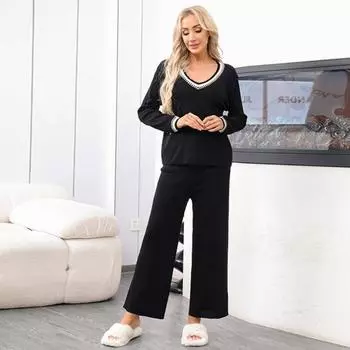 Женский комплект из двух частей свитера, топ с V-образным вырезом, широкие брюки, повседневный One Size чёрный