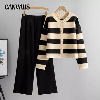 Женский комплект из двух частей свитера в полоску большого размера в осеннем стиле one size чёрный