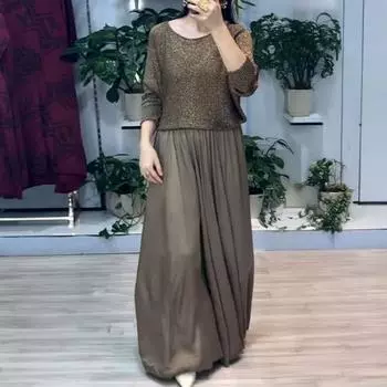 Женский комплект из двух частей: юбка, блестящий топ с круглым вырезом и длинными рукавами, а также юбка-макси А-силуэта с высокой талией, повседневный блестящий наряд S золотистый