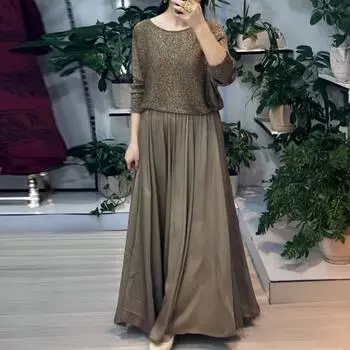 Женский комплект из двух частей: юбка, блестящий топ с круглым вырезом и длинными рукавами, а также юбка-макси А-силуэта с высокой талией, повседневный блестящий наряд S золотистый