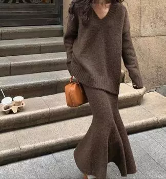 Женский комплект из двух частей, юбка, мягкий свитер, повседневный женский трикотажный свитер с V-образным вырезом, юбка с высокой талией, модная зимняя теплая одежда XXL чёрный