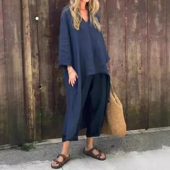 Женский комплект из двух частей Yousheng, длинный рукав, нестандартный пуловер, топ с V-образным вырезом и широкие брюки, летний повседневный комплект для отдыха M жёлтый