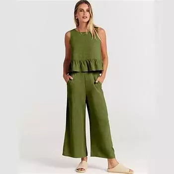 Женский комплект из двух предметов: базовый комплект без рукавов с круглым вырезом и коротким топом, повседневные широкие брюки 2XL армия зеленый