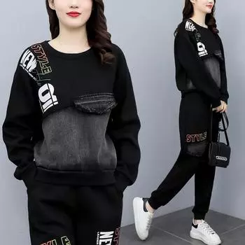 Женский комплект из двух предметов больших размеров, джинсовая куртка с длинным рукавом и брюки в стиле пэчворк, женский модный комплект из двух предметов XXXXL