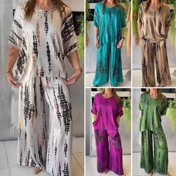 Женский комплект из двух предметов больших размеров, летний повседневный топ с круглым вырезом и короткими рукавами, широкие брюки, свободный наряд на весну, лето и осень M зелёный