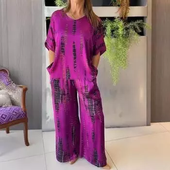 Женский комплект из двух предметов больших размеров, летний повседневный топ с круглым вырезом и короткими рукавами, широкие брюки, свободный наряд на весну, лето и осень L зелёный