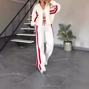 Женский комплект из двух предметов, брюки, полосатая куртка, соответствующие комплекты, спортивный костюм Y2k, осенне-весенний повседневный наряд с длинными брюками XXXXXL коричневый