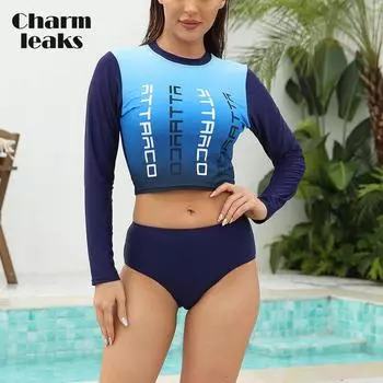Женский комплект из двух предметов Charmleaks, комплект для серфинга с длинными рукавами, логотипом и принтом с высокой талией, одежда для пляжного серфинга с плавающей нижней частью