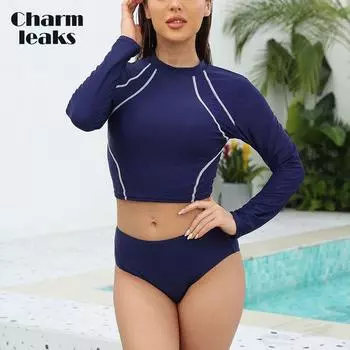 Женский комплект из двух предметов Charmleaks, одежда для серфинга с длинными рукавами, с круглым вырезом и высокой талией, одежда для пляжного серфинга с плавающей нижней частью L темно-синий