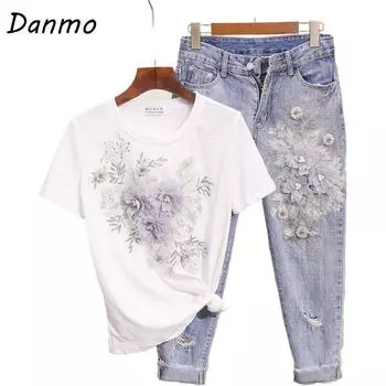 Женский комплект из двух предметов Danmo, 2 шт., летняя футболка с короткими рукавами и 3D цветочной вышивкой + тяжелый рабочий джинсовый костюм с рваными джинсовыми брюками XXL белый