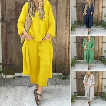 Женский комплект из двух предметов: длинный рукав, нестандартный пуловер, топ с V-образным вырезом и широкие брюки, летний повседневный комплект для отдыха M синий