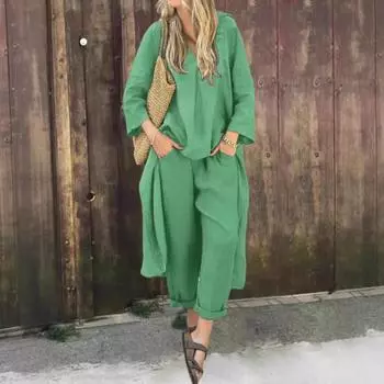 Женский комплект из двух предметов: длинный рукав, нестандартный пуловер, топ с V-образным вырезом и широкие брюки, летний повседневный комплект для отдыха M жёлтый