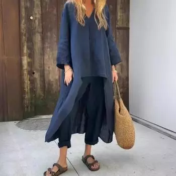 Женский комплект из двух предметов: длинный рукав, нестандартный пуловер, топ с V-образным вырезом и широкие брюки, летний повседневный комплект для отдыха M зелёный