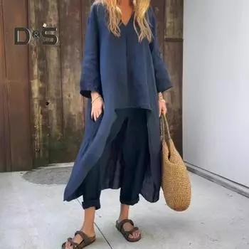 Женский комплект из двух предметов: длинный рукав, нестандартный пуловер, топ с V-образным вырезом и широкие брюки, летний повседневный комплект для отдыха M зелёный