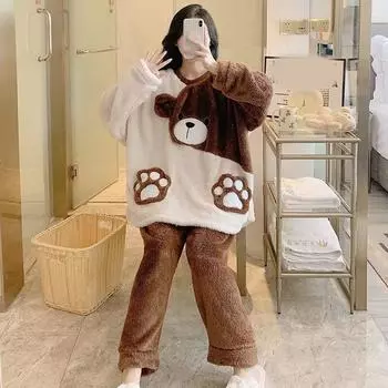 Женский комплект из двух предметов для отдыха на осень и зиму больших размеров с круглым вырезом и рисунком из мультфильма 5XL