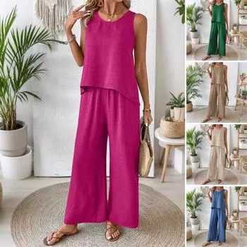 Женский комплект из двух предметов для отдыха, летний топ без рукавов с вырезом сзади и широкие брюки, повседневная одежда для отпуска и путешествий S розы красного