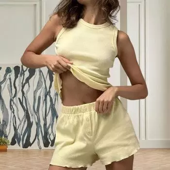 Женский комплект из двух предметов для отдыха, ребристый топ без рукавов с круглым вырезом и шорты на эластичной талии, летний повседневный наряд S жёлтый